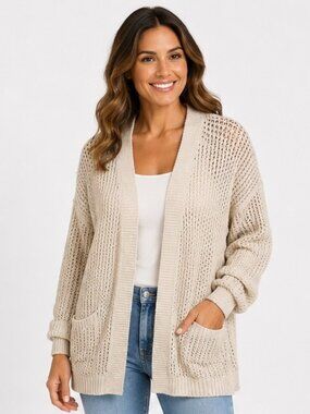 Ava & Viv Women's 2X Cream Beige Chunky Knit Cardigan Sweater Open Front Pockets